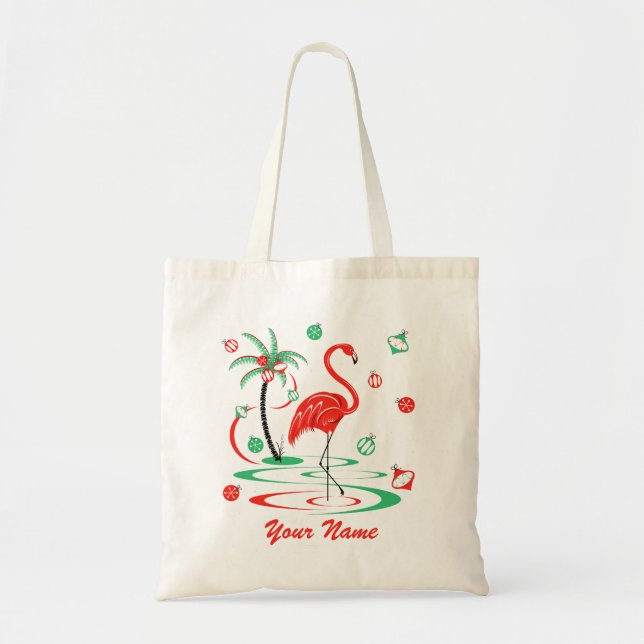 Bolso De Tela Navidades rojos Flamingo Baubles Nombre tote (Frente)