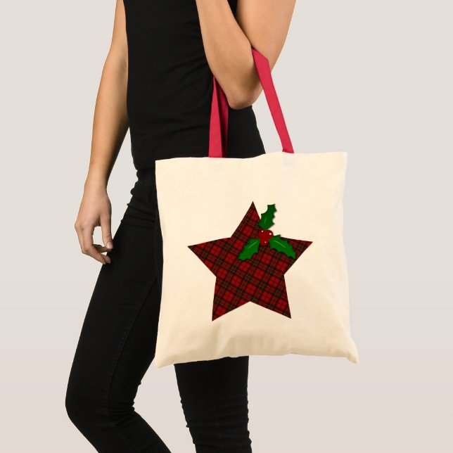 Bolso De Tela Navidades rojos tartán rocian la rama invernal de  (Anverso (producto))