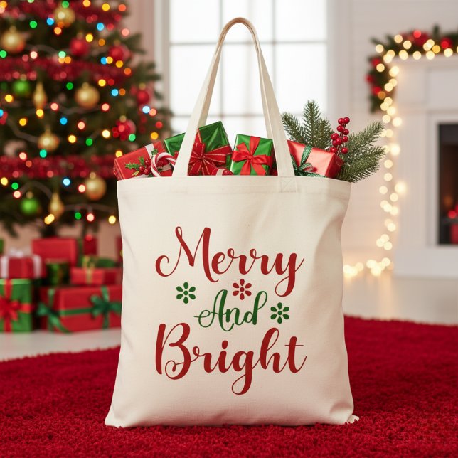 Bolso De Tela Navidades rojos vivos y verdes (Merry and Bright Red and Green Christmas Tote Bag)