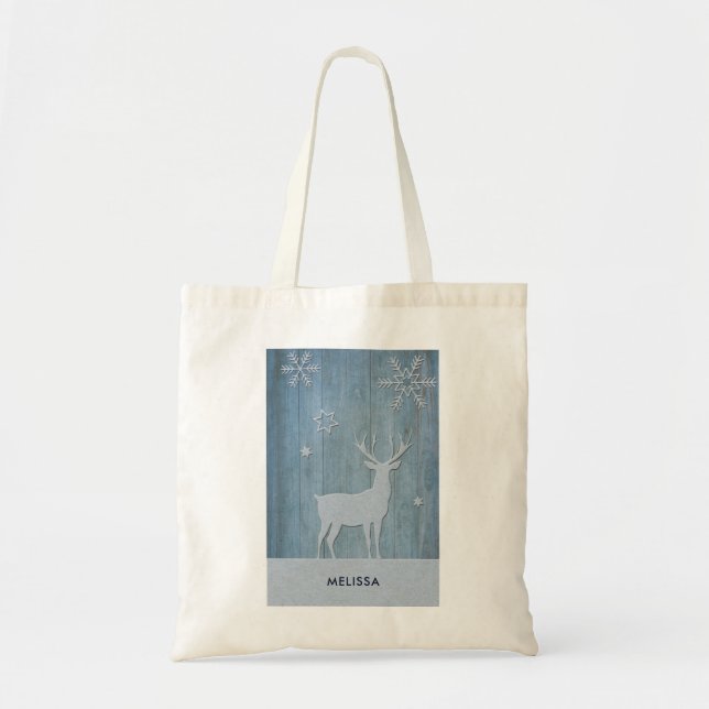 Bolso De Tela Navidades Rústicos De Los Renos De Madera Azul (Frente)