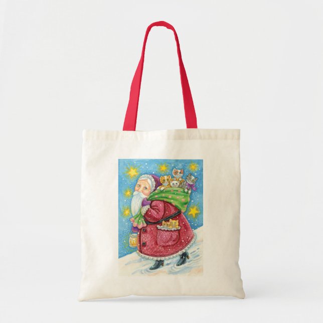 Bolso De Tela ¡Navidades, Santa Claus con gatitos y gatos! (Frente)