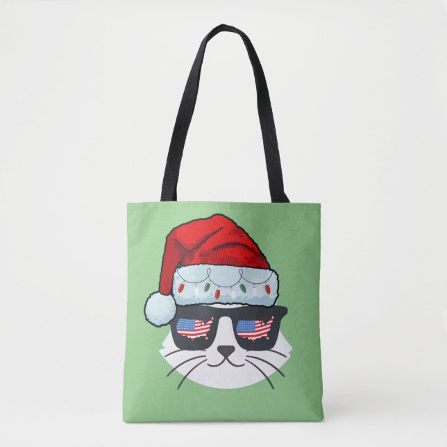 Bolso De Tela Navidades Santa Hat con gato cara Bandera De Ee.Uu (Anverso)