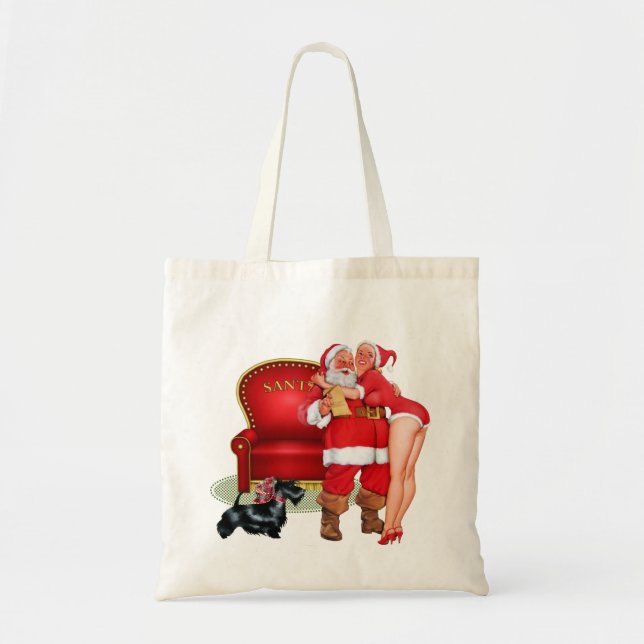 Bolso De Tela Navidades Tote con Santa Claus y venado (Frente)