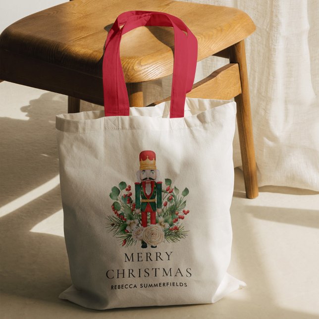 Bolso De Tela Navidades Vacaciones Familia Nutcracker Keepsake (Christmas Nutcracker Greenery Red Berries Red Handles Tote Bag)