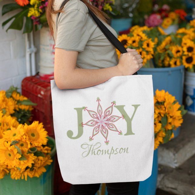 Bolso De Tela Navidades Verde Rojo Festividad vacaciones Joy Typ (Christmas snowflake Joy typography tote bag)