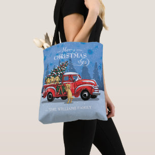Bolso De Tela Navidades Vintage Red Truck con Dogs Family Name