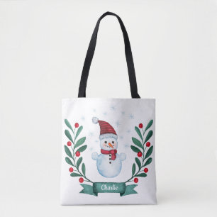 Bolso De Tela Navidades Watercolor Snowman Personalizado