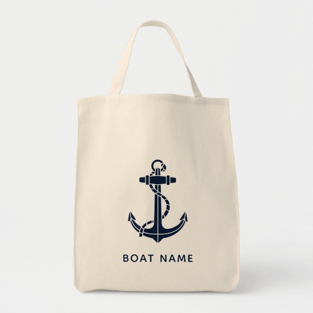 Bolso De Tela Navy Blue Anchor Boat Name Custom (Frente)