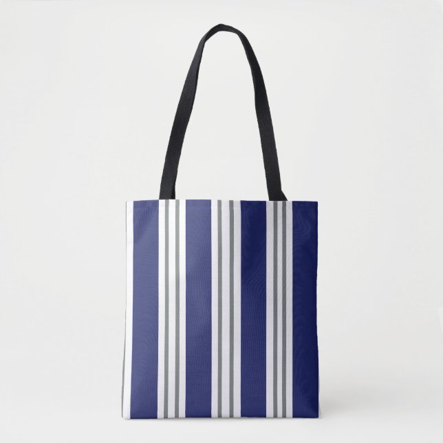 Bolso De Tela Navy Blue and White Coastal Stripes (Anverso)