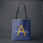 Bolso De Tela Navy Blue Gold Name Girly Script Monograma moderno<br><div class="desc">Elegante Navy Blue y Gold Añade tu propio nombre Bolsa de libros de monograma. Esta Bolsa de Libros puede ser personalizada para incluir su nombre inicial y de pila y entregarse como regalo para Navidades,  Dulce 16 Cumpleaños,  Ducha de Novias o un Boda.</div>