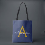 Bolso De Tela Navy Blue Gold Name Girly Script Monograma moderno<br><div class="desc">Elegante Navy Blue y Gold Añade tu propio nombre Bolsa de libros de monograma. Esta Bolsa de Libros puede ser personalizada para incluir su nombre inicial y de pila y entregarse como regalo para Navidades,  Dulce 16 Cumpleaños,  Ducha de Novias o un Boda.</div>