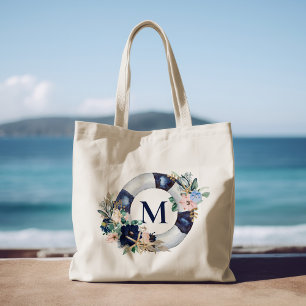 Bolso De Tela Navy Blue Nautical Monogram Floral Bridesmaid