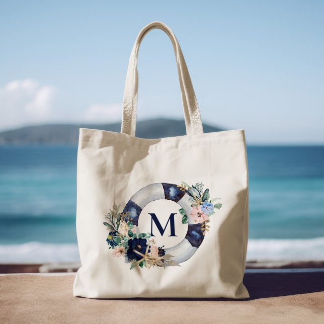Bolso De Tela Navy Blue Nautical Monogram Floral Bridesmaid (Subido por el creador)