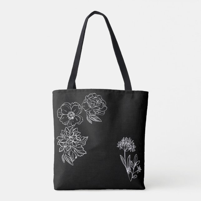 Bolso De Tela negra con flores blancas personalizable (Reverso)