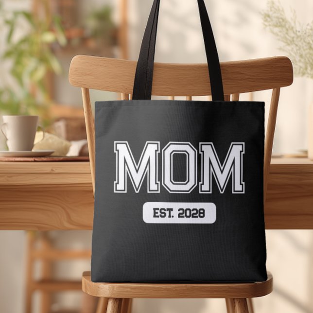 Bolso De Tela Negra Fecha Personalizada Nueva Mamá (Custom Mom Est. Tote Bag)