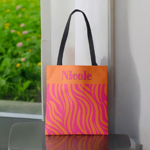 Bolso De Tela Negrita Rosa Caliente y Naranja Abstracto con Nomb