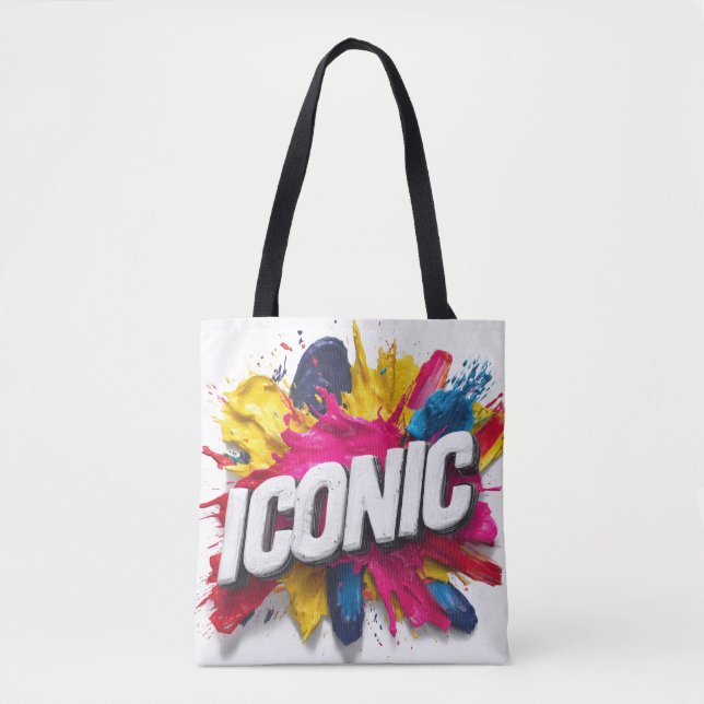 Bolso De Tela Negrita Texto Blanco "ICÓNICO" con Salpicadura de  (Anverso)