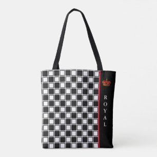 Bolso De Tela Negro chic con cuadros blancos y caligrafía