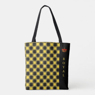 Bolso De Tela Negro chic, cuadros amarillos y caligrafía