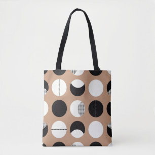Bolso De Tela Negro, círculos blancos, fondo marrón.