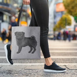Bolso De Tela Negro Color Cute Pug Mops Cartoon Perro Raza Gris