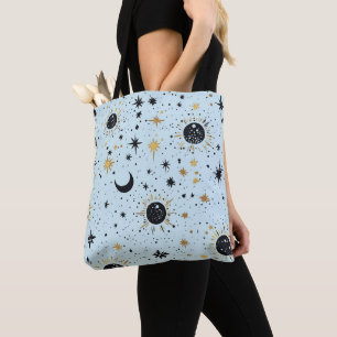 Bolso De Tela Negro, Dorado y Azul Sol Luna Estrellas Celestiale