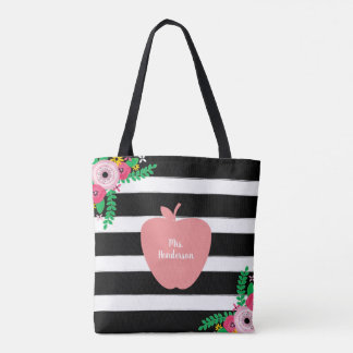 Bolso De Tela Negro + El blanco raya al profesor floral de Apple