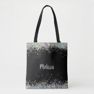Bolso De Tela Negro Elegante Con Monograma Purpurina Plateado