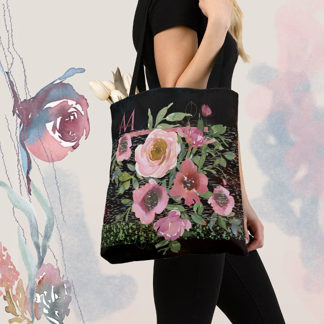 Bolso De Tela Negro floral rosado (pink floral black tote bag with Monogram)