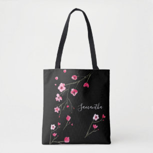 Bolso De Tela Negro floreciente de cerezo personalizado