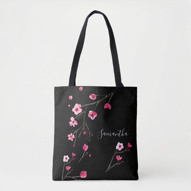 Bolso De Tela Negro floreciente de cerezo personalizado (Anverso)