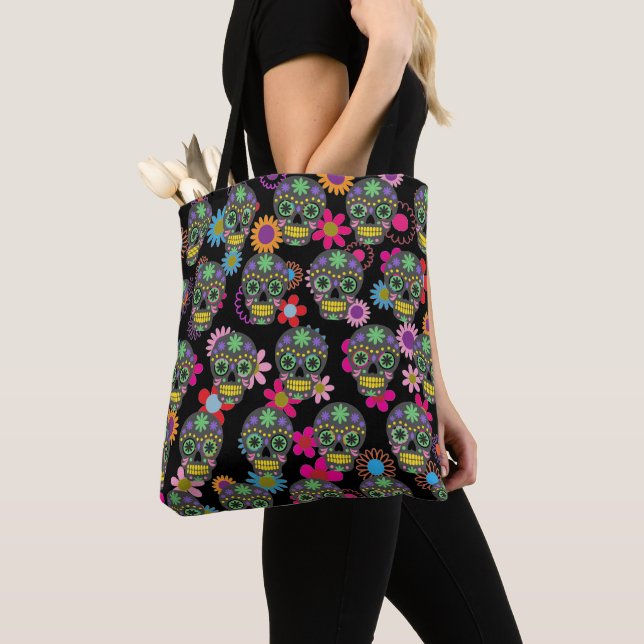 Bolso De Tela Negro loco del cráneo y de las flores del azúcar (Detalle)