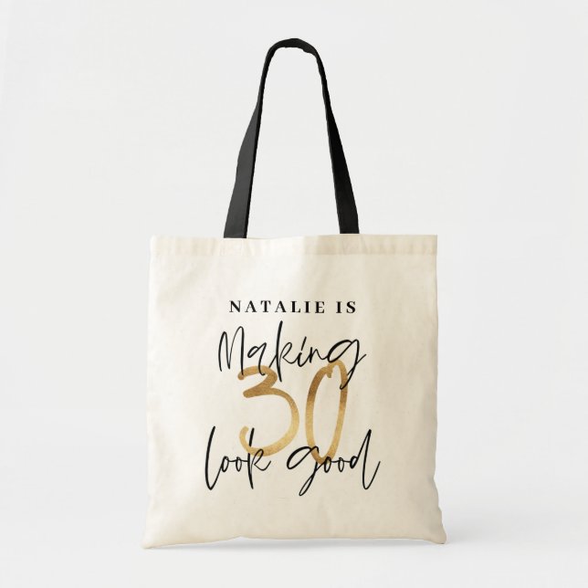 Bolso De Tela Negro moderno y oro 30 cumpleaños personalizado (Frente)
