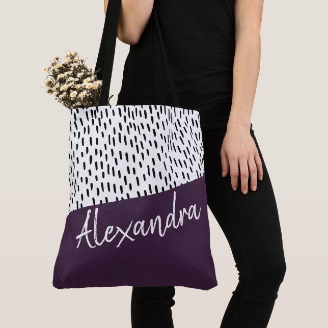 Bolso De Tela Negro morado blanco moderno personalizado (Detalle)