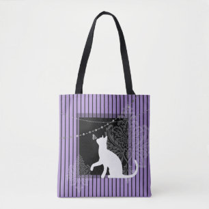 Bolso De Tela Negro morado, gato blanco y rayas negras