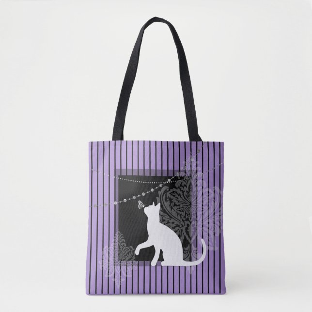 Bolso De Tela Negro morado, gato blanco y rayas negras (Anverso)