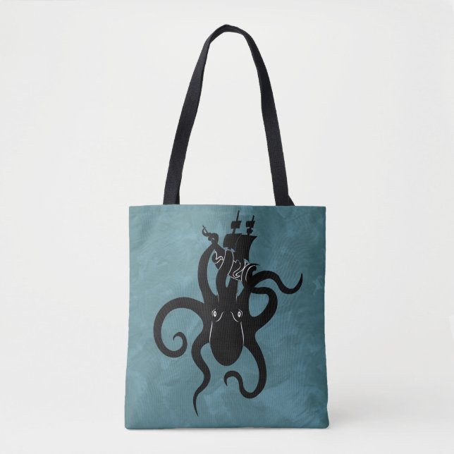 Bolso De Tela Negro oscuro y kraken azul del océano profundo (Anverso)