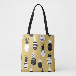 Bolso De Tela Negro, piñas blancas, fondo amarillo