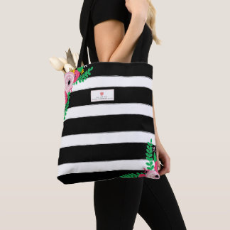 Bolso De Tela Negro + Profesor rosado floral de Apple de la raya