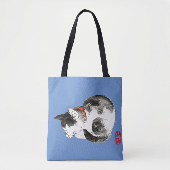 Bolso De Tela Negro y blanco del gato japonés que duerme (Anverso)