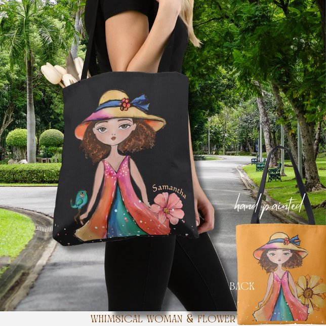 Bolso De Tela Negro y Naranja - Chica original de Whimsy (Black and Orange - Original Whimsy Girl Tote Bag)