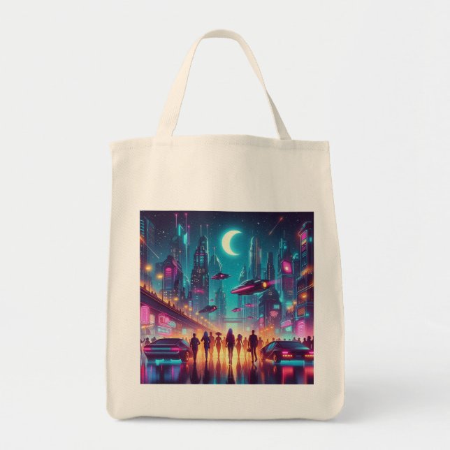 Bolso De Tela Neon Cityscape (Frente)