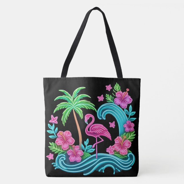 Bolso De Tela Neon Flamingo Tropical (Anverso)