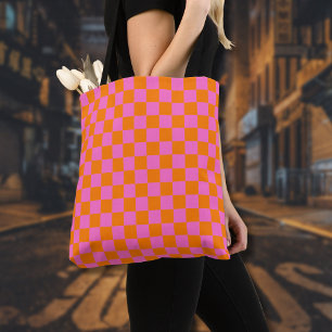 Bolso De Tela Neon Pink Naranja Checkered Checkerboard Vintage