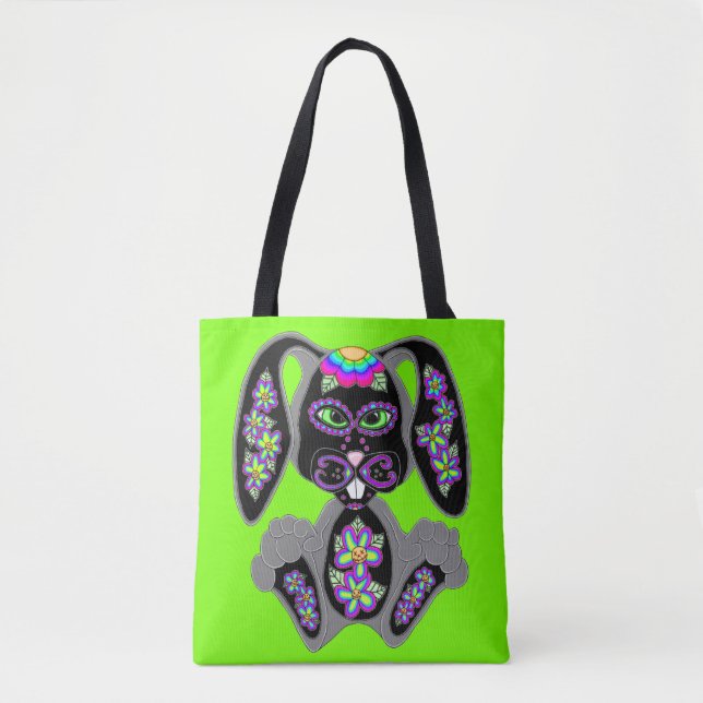 Bolso De Tela Neon Rainbow Sugar Skull Bunny (Anverso)