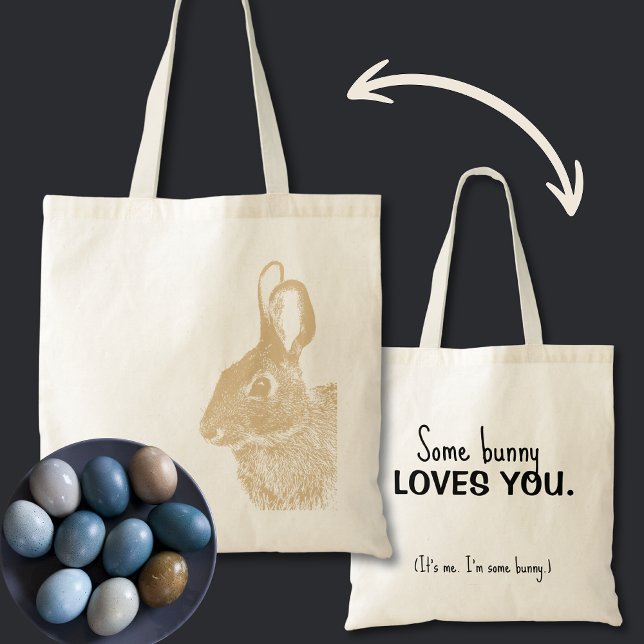 Bolso De Tela Neutral Tan Brown Easter Bunny Personalizado Texto (Tan brown natural Easter bunny bag is so cute and a more earth-conscious way to celebrate.)