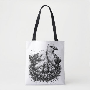 Bolso De Tela Nido de familia de pájaros: ilustración de tinta m