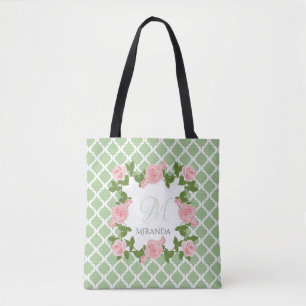 Bolso De Tela Nile Green Quatrefoil Rosa Monograma Con Nombre