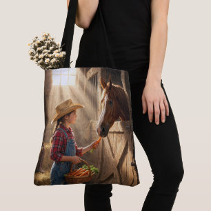 Bolso De Tela Niña alimentando a un caballo con zanahorias