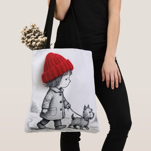 Bolso De Tela Niña con gorro rojo 3D paseando a su perro (Detalle)
